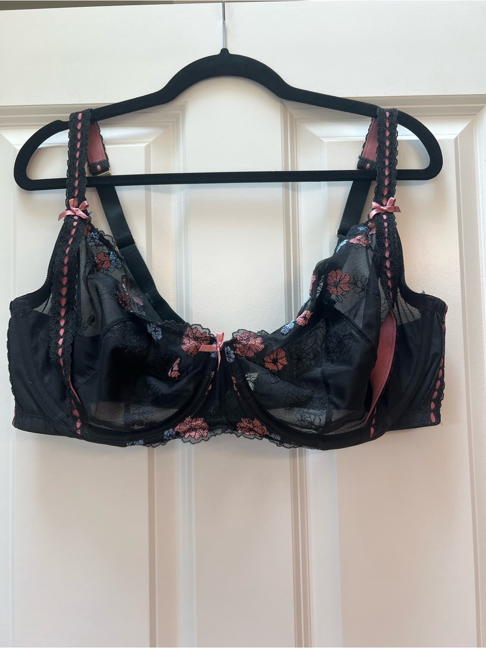 Cacique Lane Bryant 42DDD Black Floral Embroidered Unlined Balconette Bra